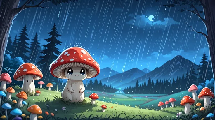 cute mushroom,  red cap covered in white spot, many cute mushrooms,  kawaii eyes, in forest, mountain, night, rain, sad, adventure, depth of field, flowers, trees, grass, small arms, no legs, tears<lora:cute_mushroom:1>