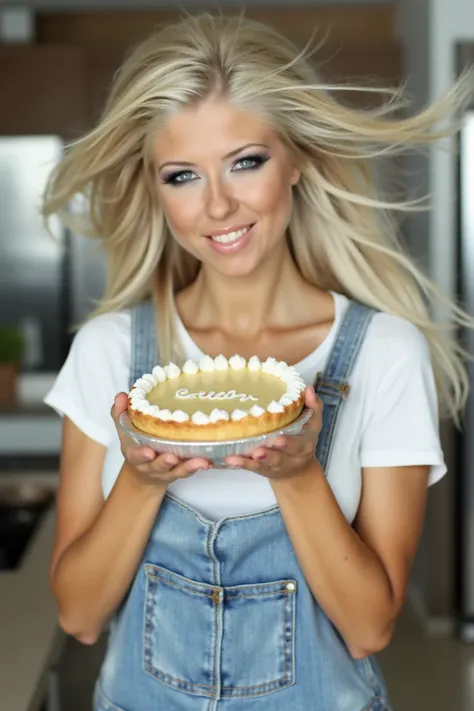 A bright and cheerful kitchen scene featuring a young woman with flowing platinum blonde hair, standing proudly while presenting a cream pie. She has a warm and inviting smile that radiates friendliness and charm. Her striking blue eyes match the playful, ...