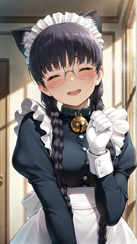 masterpiece,amazing quality,best quality,roberta,1girl,solo,glasses,twin braids,gloves,animal ears,bell,closed eyes,black hair,cat ears,white gloves,maid,collar,open mouth,maid headdress,long hair,smile,neck bell,blush,jingle bell,long sleeves,hair ornamen...