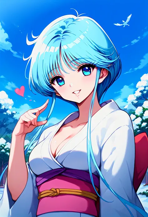 score_9, score_8_up, score_7_up,source_anime, 1girl, yukime, short hair with long locks, white kimono, short kimono, cleavage, obi, portrait, flying, hand up, blowing kiss, heart (symbol), smile, parted lips, head tilt, snowy, sky, wind, looking at viewer,...