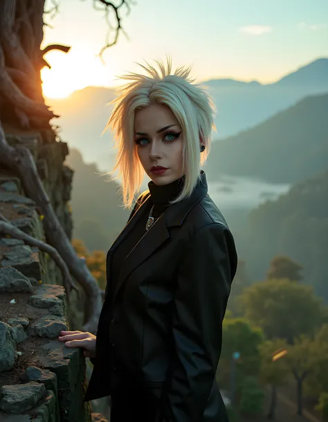 In a surreal, dreamlike tableau, FUND3V1L, a captivating woman with cascading blonde and white hair that shimmers like moonlight against her stark black outfit, is poised in an enigmatic stance, her piercing blue eyes locked onto the viewer. Her short, spi...