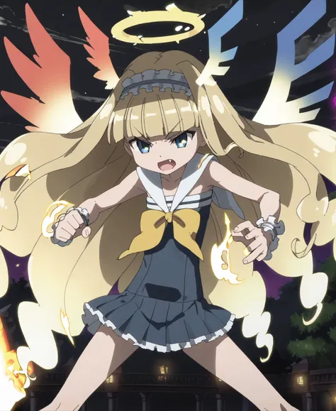 1girl, solo, anime screenshot, 
GinkaTenebrae, very long hair, sailor dress, head wings, wings, halo, 
open mouth, fang, 
outdoors,night, looking at viewer, fighting stance, glowing, cowboy shot,
 <lora:shirokane_ginka_1.0-000012:0.85>