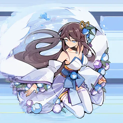 blue flower river, Very long hair, robe, white japanese clothing, petals, white knee socks, big bra, collarbone, tiara, yihe, Royal sister face, blue eyes