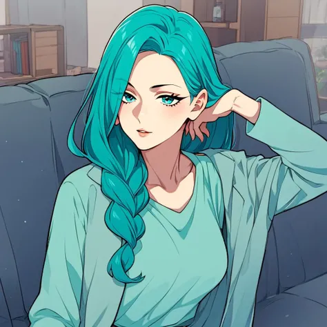 score_9,score_8_up,score_7_up, 1girl, solo, open jacket, breasts, couch, hair over shoulder, aqua shirt, long hair, blue hair,