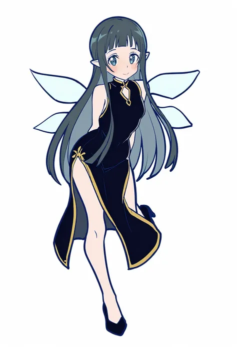 1girl, yui (sao-alo), sword art online, 
techimi, 
bare shoulders, alternate costume, blush, sleeveless, black hair, sleeveless dress, bare arms, side slit, dress, full body, long hair, black dress, sidelocks, high heels, fairy wings, fairy (sao), solo, cl...