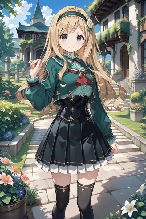 score_max, (score_9, score_8_up, score_7_up:1.2), score_6_up, official art, source_anime,
, masterpiece, absurdres, high detail, 8k,
outdoors, garden, arch, flower,
standing, hand up, light smile,
kamotti, green hairband, hair flower, school uniform, cross...