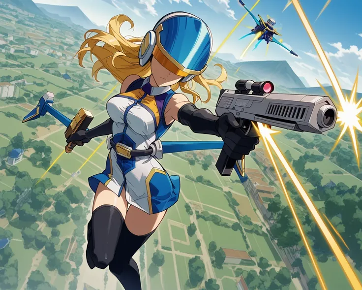 score_9, score_8_up, score_7_up,1girl,  solo,  anime screencap, highres  <lora:EDF_palewing_pdxl:1> palewing_armor, gold trim blue and white halter dress, black elbow gloves, black thighhighs, palewing_helmet, blue jetpack, visor down, covered eyes, blonde...