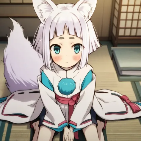 score_9, score_8_up, score_7_up, score_6_up, score_5_up, score_4_up, masterpiece, high quality, /K0n/, animal ear fluff, fox ear, fox tail, blue eyes, white hair, short hair, blunt bangs, hikimayu, flat chest, White haori, red ribbon,ribbon-trimmed sleeves...