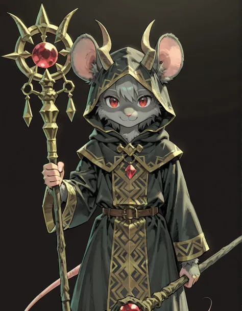 (2D,best quality,solo,source_anime,looking at viewer,cute,lovely,straight-on,from front,facing viewer,Simple black background), mouse_ears,standing,  hood, hooded robes, horns,holding staff,gray fur,red eyes,<lora:Grey_Seer:1>