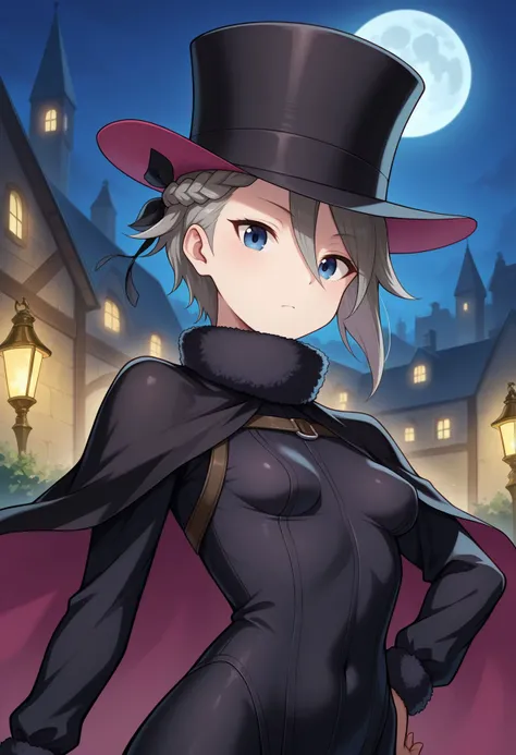 masterpiece, best quality, newest, absurdres, highres, hand on hips, 
  <lora:Ange V4:1>, 1girl, top hat, black cape, blue eyes, braid, small breasts, looking at viewer, night, grey hair, full moon, short hair, hair between eyes, black headwear, upper body...