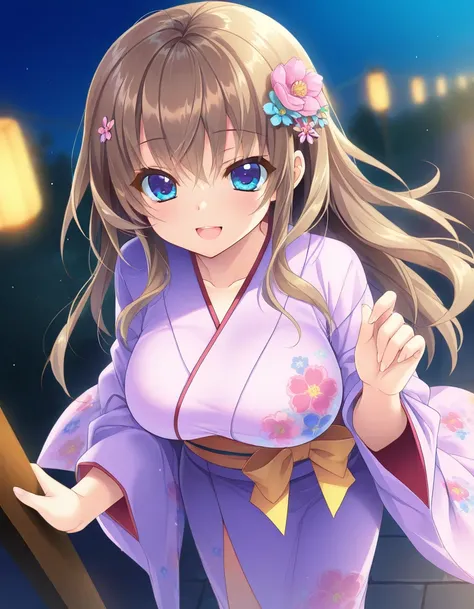 ,best quality, good quality,
,1girl,outside
standing,smile,open mouth,kimono
 <lora:ill-nine-miyako:1>miyako,blue eyes,long hair, brown hair, hair flower, large breasts