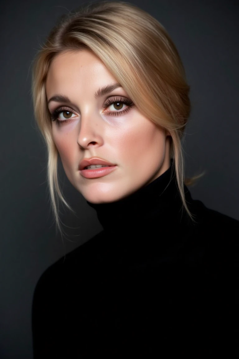 Create a close-up, high-fashion portrait of a blonde woman with striking eyes and a calm, confident expression. She wears a sophisticated black outfit that exudes elegance and minimalism. The background is a smooth gradient of dark gray, enhancing the over...