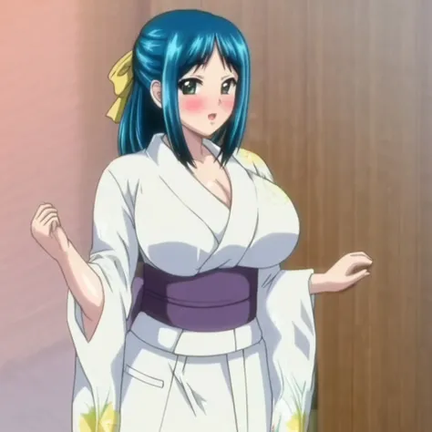 1girl, solo, Big Breast, blush, half updo, blue hair, kimono,