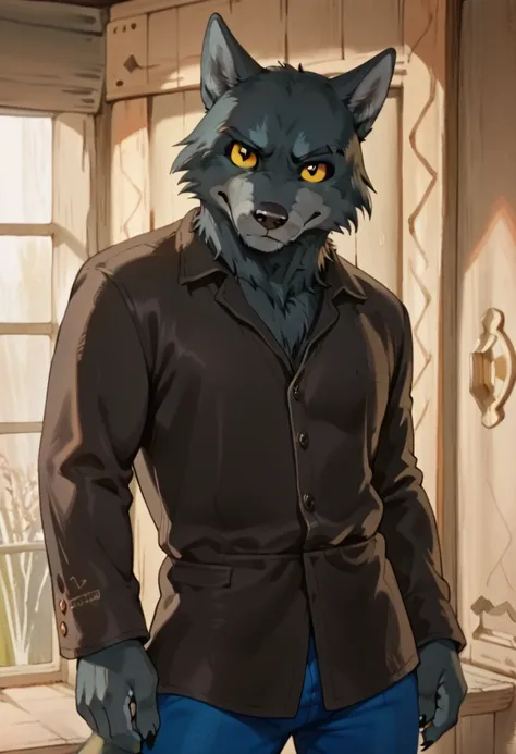 score_9, score_8_up, score_7_up, detailed eyes, w0lf, 1boy, solo, male focus, furry, wolf, yellow sclera, grey fur, closed mouth, brown shirt, blue pants, cowboy shot, looking at viewer, head tilt, one eyebrow rise,