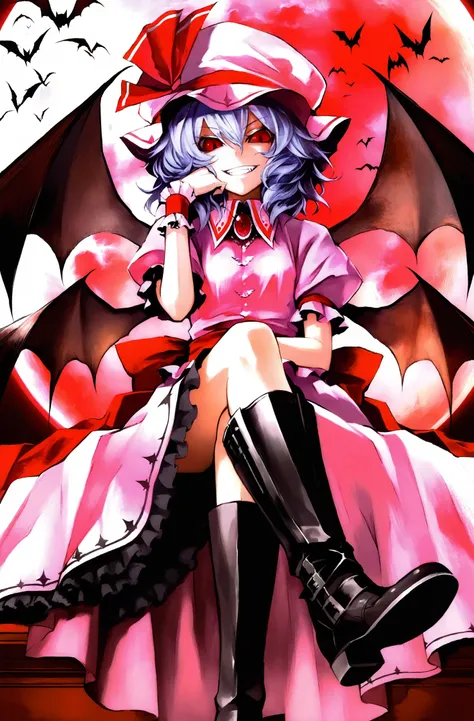 masterpiece, best quality, banpai akira, 1girl, remilia scarlet, solo, wings, hat, red eyes, bat wings, short hair, smile, sitting, moon, crossed legs, wrist cuffs, boots, bat (animal), grin