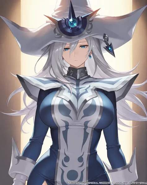 <lora:Silent Magician Illustrious XL V1:1> silentm4gician, 1girl, big breasts, blue eyes, long silver hair, mature female, blue dress, witch hat, gloves, expressionless, :/; rim lighting, dramatic lighting, absurdres,, (masterpiece:1.4), (best quality:1.4)...