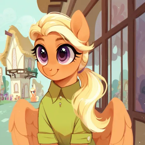 Score_9, score_8_up, score_7_up, score_6_up, 1girl, solo, Mane Allgood_(Mlp), Pony, Feral Pony, Blonde Hair, Ponytail, Purple Eyes, Orange Body, Pegasus, Wings, Green Shirt, Short Sleeves, Ponyville streets, smile