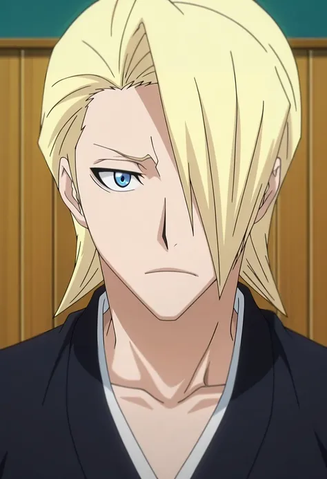 masterpiece, best quality, , anime screencap, anime coloring, official style, looking at viewer, 1boy, solo, male focus, <lora:izuru_kira_ilxl:0.94>, izuru_kira, blonde hair, blue eyes, short hair, hair over one eye, , ,