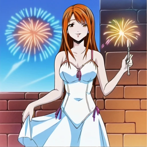 fur trim, swimsuit, brown hair, brick wall, blue sky, fork, fireworks, bangs, pen, white dress, parted lips, blue hair, pencil, holding, orange hair, skirt hold