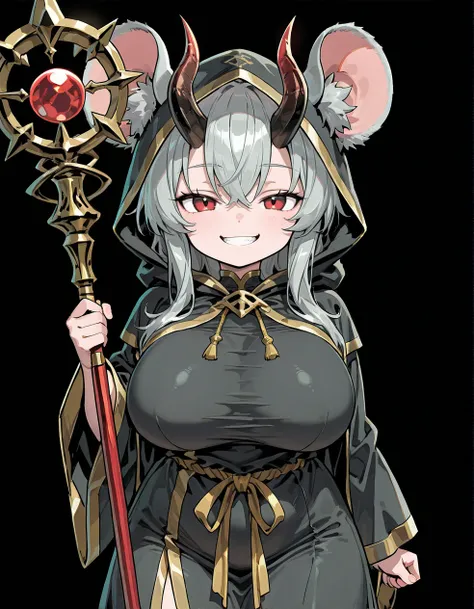 (2D,best quality,1girl,solo,source_anime,looking at viewer,large_breasts,cute,lovely,straight-on,from front,facing viewer,Simple black background), mouse_ears,standing,  hood, hooded robes, horns,holding staff, gray hair,gray fur,Shortstack,red eyes,grin,s...