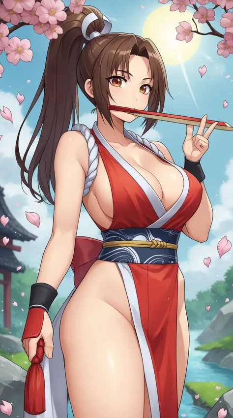 score_9, score_8_up, score_7_up,anime_source, source_anime, best background, detailed background, anime screencap, 4k, upscaled,  Shiranui Mai, Main Outfit, solo, looking at viewer, outdoors, japanese garde, sakura petals, soft particles, holding, mouth hold, revealing clothes, hand fan, folding fan, holding fan, shimenawa, arm guards, folded fan  <lora:JN_Shiranui_Mai_Pony:0.8>