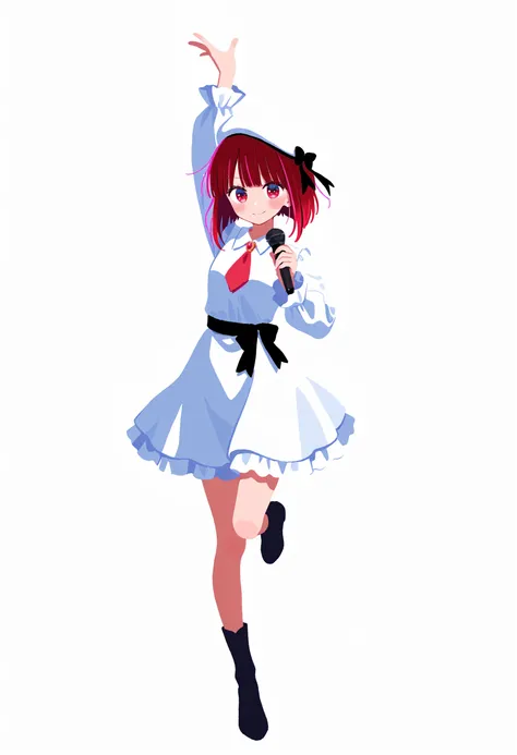 1girl, arima kana, (muji \(uimss\):1.2), (no lineart:1.2), (flat color:1.2), (painting \(medium\):1.2), oshi no ko, (inverted bob:1.15), (idol clothes), (arm up, beret, black bow, blush, bob cut, bow, braid, breasts, closed mouth, collared dress, dress, frilled dress, frilled sleeves, frills, full body, hat, hat bow, holding, holding microphone, idol, long sleeves, looking at viewer, medium hair, microphone, necktie, official alternate costume, red brooch, red eyes, red hair, red necktie, sash, small breasts, smile, solo, standing, standing on one leg, tachi-e, white dress:1.05), white headwear, (very awa, masterpiece, best quality, year 2024, newest, highres, absurdes:1.2)