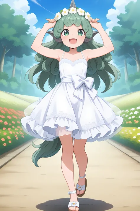 absurdres, highres, masterpiece, best quality, amazing quality, official anime artwork, screencap, anime screencap, outdoors, looking at viewer, smile, dynamic pose,
<lora:Aunn-Komano_Illustrious:1> komano aunn, 1girl, solo, green eyes, green hair, curly hair, komainu ears, long hair, single horn, tail, fang,, alternate costume, bare arms, bell, dress, fang, flower, head wreath, flower wreath, footwear flower, heart, sandals, wedding dress, white dress, white flower, sleveless, frilled dress, frills, white bow, adjusting wreath,