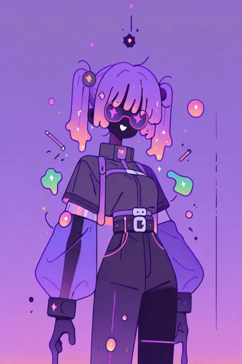 masterpiece, best quality, newest, absurdres, highres,

 cowboy shot, h1me, 1girl, solo, dark (glowing hair:1.3), slime girl, green hair, (shiny, glossy:1.2), beautiful, detailed hair, extremely detailed, dynamic posture, (slime monster:1.3), looking at viewer, volumetric lighting, deep depth of field, working, hammering, (dark, dark theme:1.3), acid, green acid, wtf is going on, toxic waste, glowing, ominous, (dynamic pose:1.2), laughing, upper body, 1girl, detatched sleeves, pixie cut, glowing lines, purple eyes, hair ornament, visor glasses, see-through, twintails, short hair, black lips, punk aesthetic, tattoo, confused, searching, gloves, (purple background:1.3),

, highres, ((top quality)), ((masterpiece)), ((best quality)), ((high quality)),Flatline, Flat vector illustration