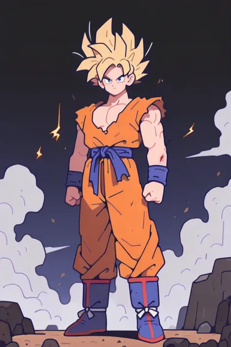masterpiece, best quality, newest, absurdres, highres,

1boy, male focus, super saiyan, blonde hair, solo, torn clothes, super saiyan 1, serious, spiked hair, full body, muscular, pectorals, blue footwear, boots, orange pants, clenched hands, standing, muscular male, frown, dougi, blood, smoke, wristband, injury, lightning, pants, closed mouth, torn shirt, aura, dirty, rock, dust cloud, Son Goku, Goku, super saiyan goku,
, ((top quality)), ((masterpiece)), ((best quality)), ((high quality)),Flatline, Flat vector illustration