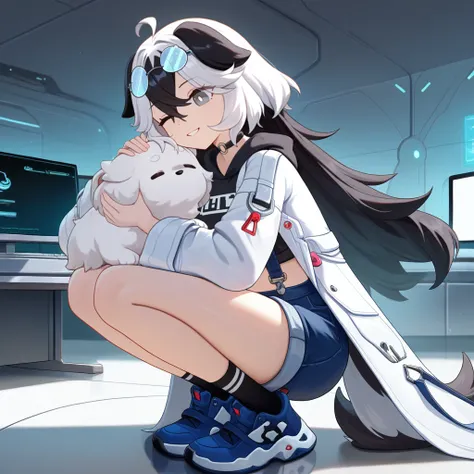 masterpiece, best quality, ultra-detailed, very aesthetic, detailed background, year 2023, very aesthetic, newest, scenery, highres, 4k, absurdres, 8k, colorful,vibrant, glowing, perfect face, 2d, perfect eyes, detailed eyes, 1girl, solo, futuristic background, facility, laboratory, vials, computer, metallic walls, wires, loose wires, shelves, monitor, indoors, squatting, knees together, blue sneakers, black socks, petting dog, dog licking girl cheek, one eye closed, excited smile, parted lips, from side, full body, foreshortening,
 grey eyes, CoralieHi3, Fol002, Cor_Str, long hair, two-tone hair, black hair, white hair, crop top, dog ears, animal ears, dog tail, glasses, eyewear on head, white coat, labcoat, (open coat)++, cropped hoodie, (black hoodie)++, blue shorts, midriff, blue suspenders, denim shorts, high-waist shorts, o-ring choker, black thigh strap, pins, suspender shorts, shoulders straps, ahoge, wide sleeves, white sleeves, loose suspenders,
  masterpiece, best quality, ultra-detailed, very aesthetic, newest, scenery, absurdres, perfect anatomy, perfect legs, perfect face, perfect eyes, clear eyes, beautiful eyes,

