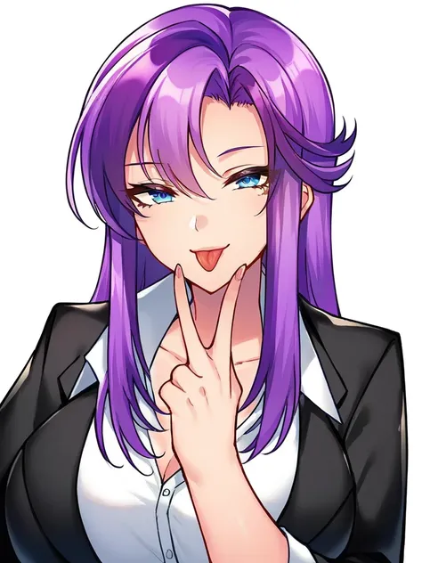 score_9, score_8_up, score_7_up,  
1girl, suzakuin ayaka, blue eyes, long hair, asymmetrical hair, purple hair, large breasts,


upper body, white background,
formal, black jacket, white shirt, 
looking at viewer, narrowed eyes, smile, closed mouth, tongue out, v over mouth, cunnilingus gesture, solo,