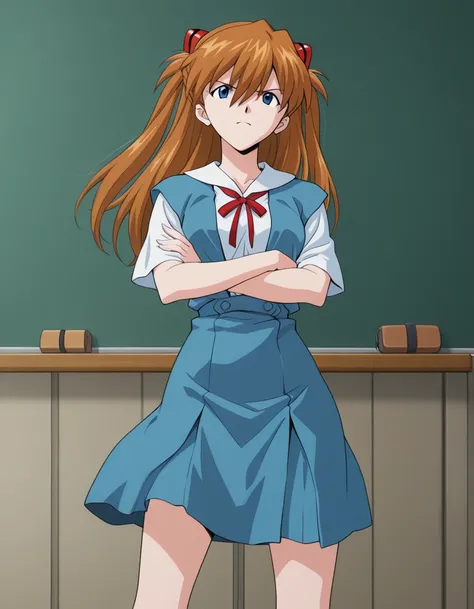 official style,Souryuu Asuka Langley,gunbuster pose,crossed arms,open stance,spread legs,(standing:1.32),cowboy shot, tokyo-3 middle school uniform,classroom,chalkboard,(anime screencap), 2d cel anime,anime cap,anime,anime style,anime cel,cell shaded,soft brightness,perfect face,perfect nose, perfect hair, perfect eyes,perfect female body,perfect skin,a face of perfect proportion,perfect lighting,perfect anatomy,perfect proportion,perfect hands,perfect legs,perfect fingers,masterpiece,hair between eyes,breasts,perky breasts,best quality,very aesthetic,absurdres,16k,intricate detail,amazing quality,(bold:3.12),thick outline,black outline,harsh lines,soft lines,deluster,boldline,curvy,(anime coloring:1.2),anger,slim,looking at viewer,super fine illustration,detailed linework,vibrant colors,kawaii,flat color,(hat:-1), <lora:æ°ä¸ç´ã¨ã´ã¡ã³ã²ãªãªã³æ£æµã¢ã¹ã«ã©ã³ã°ã¬ã¼è²æ¬ç¾©è¡é¢¨Neon_Genesis_EvangelionSouryuu_Asuka_LangleySadamoto_Yoshiyuki_Style-000021:1:0.8>