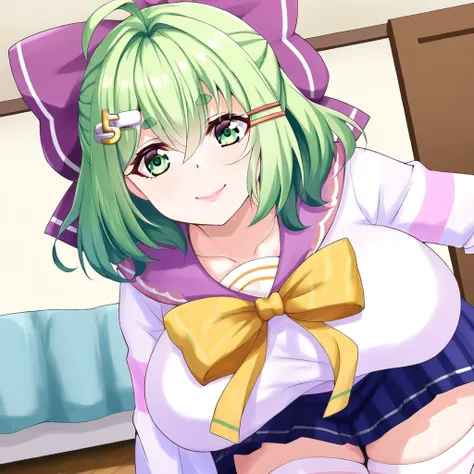 Green Short Hair Purple Bow Girl