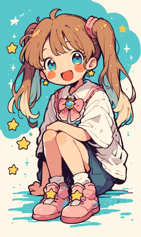 1990s (style), 1girl, :o, anime coloring, blue eyes, brooch, brown eyes, long hair, multicolored hair, open mouth, pink footwear, shoes, sitting, sm90s, smile, solo, sparkle, star brooch, twintails, BREAK , score_9, score_8_up, score_7_up, score_6_up, score_5_up, score_4_up,