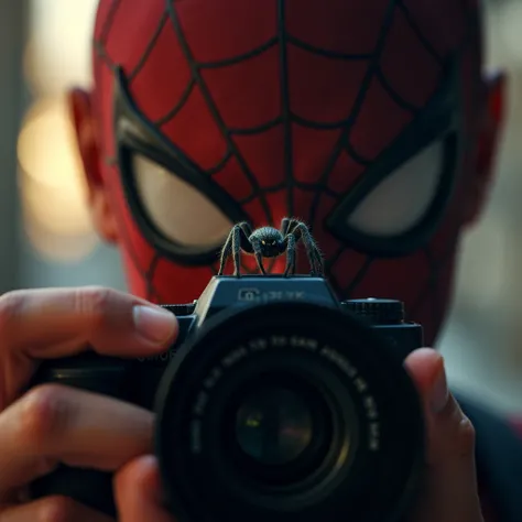 UHD, 4k, ultra detailed, cinematic, a photograph of  <lora:Cinematic Spider-Man original style v1.1:1>
Cinematic Peter Parker style a person holding a camera with a very small spider crawling on top, , epic, beautiful lighting, inpsiring