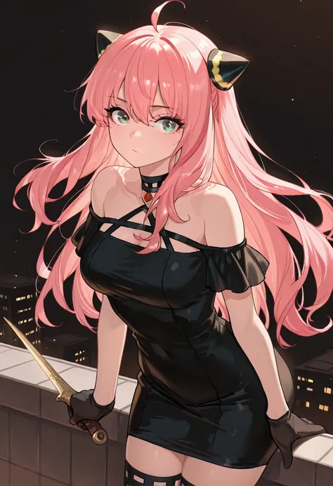 masterpiece, best quality, 1girl, solo, eyelashes, (beautiful eyes),    ,<lora:AdultAnyaIXL:1.0>,  zzAnya, green eyes, hair between eyes, ahoge, pink hair, long hair, hair ornament, hairpods,      crouching on a rooftop ledge, wind tossing her rainbow-streaked hair, black choker tight around her throat, gloved fingers clutching a dagger against her thigh, intense gaze locked onto her target, black dress blending into the night, floral pattern catching faint moonlight, off-shoulder cut revealing her poised stance, the city glowing below, a predator in the darkness, abstract red and black background, dramatic cowboy shot