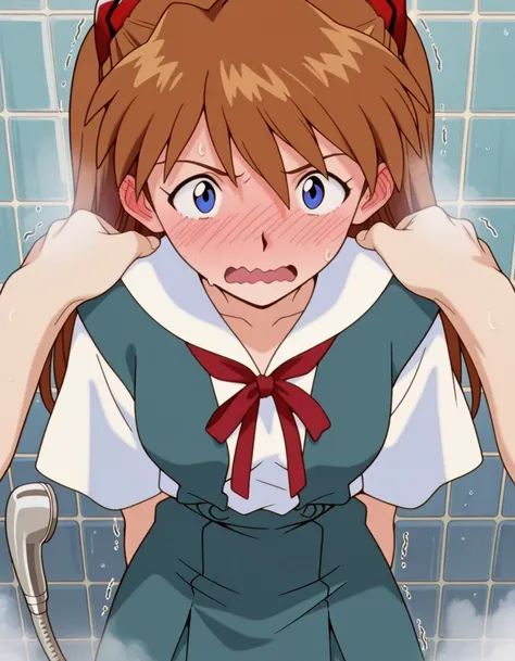 masterpiece, best quality, amazing quality,, <lora:asuka-langley-soryuu-classic-illustriousxl-lora-nochekaiser:1>, asuka langley soryu, long hair, bangs, blue eyes, brown hair, hair ornament, breasts, anime screencap, school uniform, tokyo-3 middle school uniform,, shower, water, steam, shower head, tiles, , full-face blush, embarrassed, blush, sweat, ear blush, blush, wavy mouth, trembling, open mouth, hands on another's shoulders, pov, pov hands, cowboy shot, looking at viewer, solo,, cowboy shot, solo
