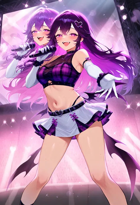 masterpiece,best quality,
 waruochi,[

, 1girl, solo, cgngya, purple hair, long hair, purple eyes, gyaidol, heart hair ornament, idol, two-tone crop top, purple crop top, plaid, belt, two-tone skirt, purple skirt, white skirt, miniskirt, midriff, elbow gloves, white gloves, looking at viewer, blush, smile, standing, holding microphone, stage, open mouth, legs apart, 


],

