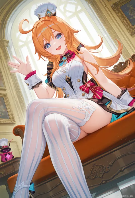 8k,best quality,masterpiece,(ultra-detailed),(high detailed skin),((artist:reoen),(artist:fuzichoco),(artist:atdan),(artist:torino_aqua),year 2024:0.8),[artist:wlop],[artist:ningen_mame],artist:ciloranko,[[artist:rhasta]],artist:tidsean,colorful,
<lora:Escoffier_v1.2_illustrious-000080>,
Escoffier \(Genshin Impact\),solo,white hat,blue eyes,white thighhighs,ahoge,dress,breasts,looking at viewer,wrist cuffs,symbol-shaped pupils,mini hat,vertical-striped thighhighs,orange hair,sitting,crossed_legs,from_below,waving,upper_teeth,smile