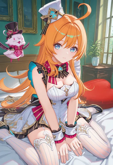 8k,best quality,masterpiece,(ultra-detailed),(high detailed skin),((artist:reoen),(artist:fuzichoco),(artist:atdan),(artist:torino_aqua),year 2024:0.8),[artist:wlop],[artist:ningen_mame],artist:ciloranko,[[artist:rhasta]],artist:tidsean,colorful,
<lora:Escoffier_v1.2_illustrious-000080>,
Escoffier \(Genshin Impact\),solo,white hat,blue eyes,white thighhighs,ahoge,dress,breasts,looking at viewer,wrist cuffs,closed mouth,symbol-shaped pupils,mini hat,vertical-striped thighhighs,orange hair,sitting,wariza,hands_on_lap
