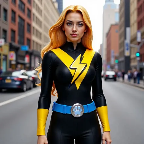The image shows Buzz Girl wearing buzzsuit.  Her suit is black and yellow with her logo on her chest and a blue belt with silver buckle with a lightning bolt on it.  She is stading on a city street.  She looks young and has smooth skin.