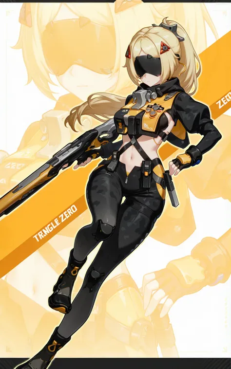 <lora:xl-ill-trigger(zenless zone zero)-v1-000010:0.8>,
trigger\(zenless zone zero\),1girl,solo,blonde hair,ponytail,blindfold,covered eyes,
breasts,jacket,black jacket,gloves,navel,orange gloves,fingerless gloves,cropped jacket,camouflage,boots,black footwear,
weapon,gun,rifle,science fiction,<lora:a40-Honkai Impact 3rd style-v1-20:0.9>,honkai impact 3rd style,zoom layer,