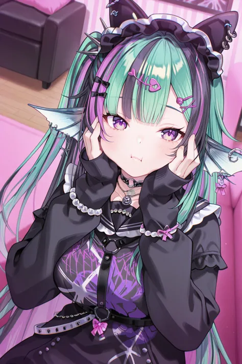 1girl, FinanaRyuguNijisanji, 
general, solo, dutch angle, from above, upper body,
purple eyes, large breasts, 
jirai kei, 
hair bow, shell hair ornament, piercing,
hairband, 
fish hair ornament, heart o-ring,
hairclip, x hair ornament,
earrings, 
neck tattoo, o-ring choker, necklace,
black sailor collar,
long sleeves, sleeves past wrists, bracelet, 
black dress, chest harness, black belt,
jewelry, 
sitting, looking at viewer, face in hands, puff out cheeks,
indoors, living room,
<lora:kp_FinanaRyuguNijisanji4thCostumeIllustrious_v1_0:1.0>,
masterpiece, best quality, amazing quality