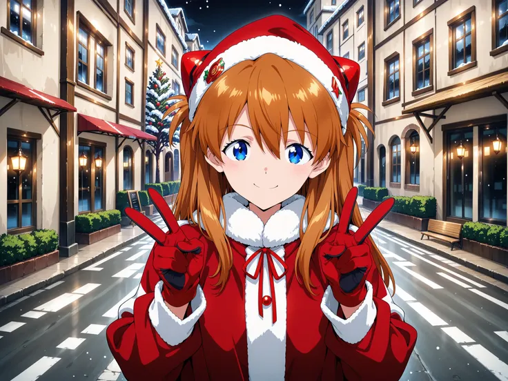 souryuu asuka langley, 
santa costume,
smile,
peace sign,
winter,
street,
upper body,
masterpiece, best_quality,