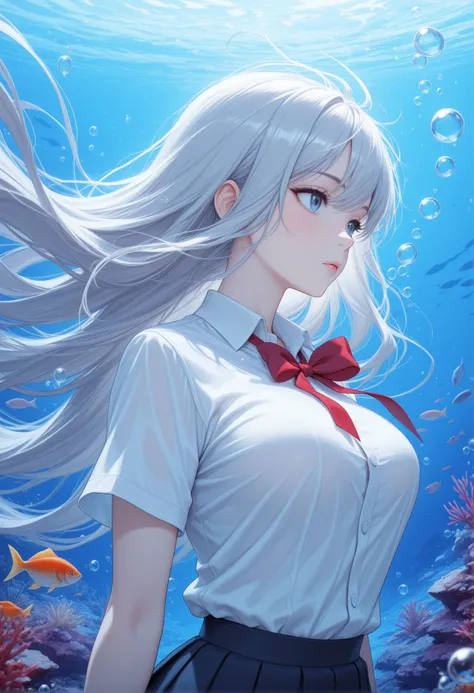 high_quality, highres, beautiful, detailed, (masterpiece, best quality:1.2), absurdres, 8k, HDR, 1girl, air bubble, animal, breasts, bubble, fish, long hair, red ribbon, school uniform, silver hair, solo, underwater, uniform, very long hair