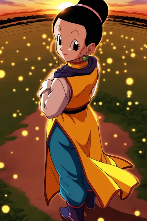 1girl, solo, chi-chi, hairbun, black hair, black eyes, hair pulled back, earrings, chinese clothes, boots, happy,  mature female, view from above, from behind, looking_at_viewer, grass, sunset, detailed background, blue pants, yellow dress
masterpiece,best quality,amazing quality, outdoors, yellow particles