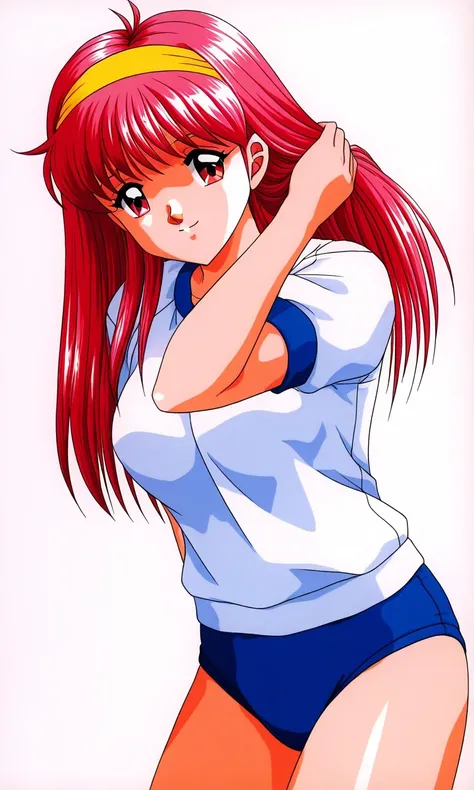 general,highres, ultra-detailed,very aesthetic,best quality ,best hands, BREAK <lora:Fujisaki_Shiori_Tokimeki_Memorial_Ver2.0_IS:1>
Fujisaki_Shiori(Tokimeki_Memorial), 1girl, solo, long hair, Yellow hairband, red hair, red eyes,pink hair, bangs, large breasts,
buruma, gym uniform, blue buruma, retro artstyle, white background, simple background, 
smile, brown eyes, adjusting hair, cowboy shot