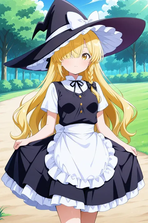 absurdres, highres, masterpiece, best quality, amazing quality, official anime artwork, screencap, anime screencap, outdoors, looking at viewer, light smile, dynamic pose, standing,
 <lora:Marisa-Kirisame-PC98_Illustrious:1> Marisa98, 1girl, solo, yellow eyes, blonde hair hair, long hair, hair over one eye, sidelocks, small breasts,, witch hat, black hat, frilled hat, hat bow, white bow, hair ribbon, black ribbon, black shirt, white sleeves, short sleeves, waist apron, black skirt,
