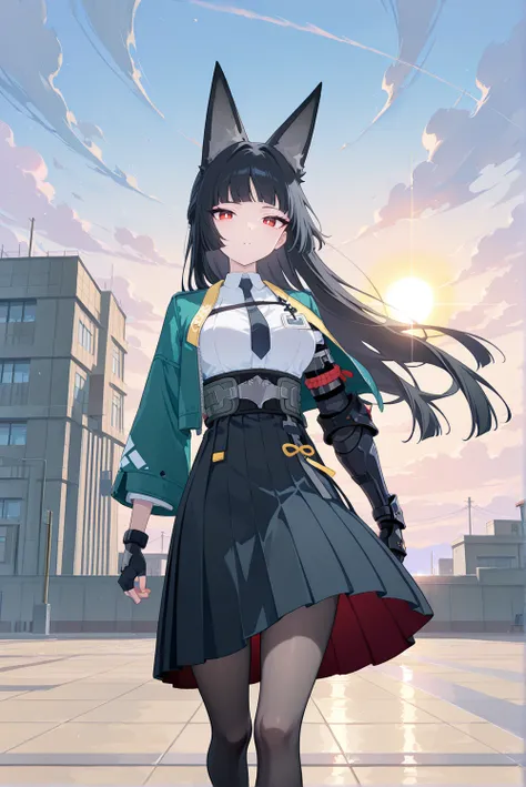 masterpiece, best quality, amazing quality, very aesthetic, absurdres, newest, scenery, best quality, anime coloring, (detailed eyes:1.2), scenery, backlight, moody lighting, h-miyabi, miya-suit, 1girl, red eyes, white pupils, bright pupils, black hair, long hair, bangs, fox ears, green jacket, chest strap, id card, collared shirt, white shirt, necktie, high-waist skirt, black skirt, long skirt, belt, pantyhose, armored gauntlet, fingerless glove, black glove, heels, ((outdoors)), sky, clouds, day, school, sun, sun ray, god rays, dof, wind, looking at viewer, walking, dynamic pose, cowboy shot