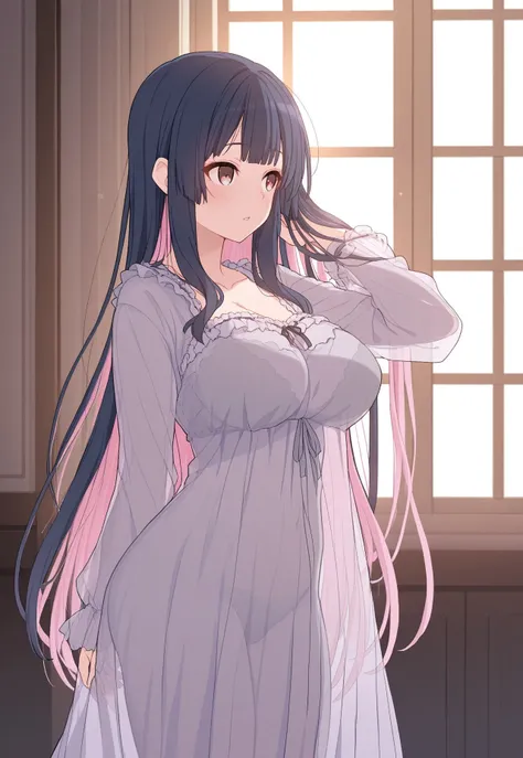 cyril, gown, long sleeves, frills, see-through, morning, hands in hair, looking to the side, window, backlighting, indoors,
masterpiece, best quality, absurdres